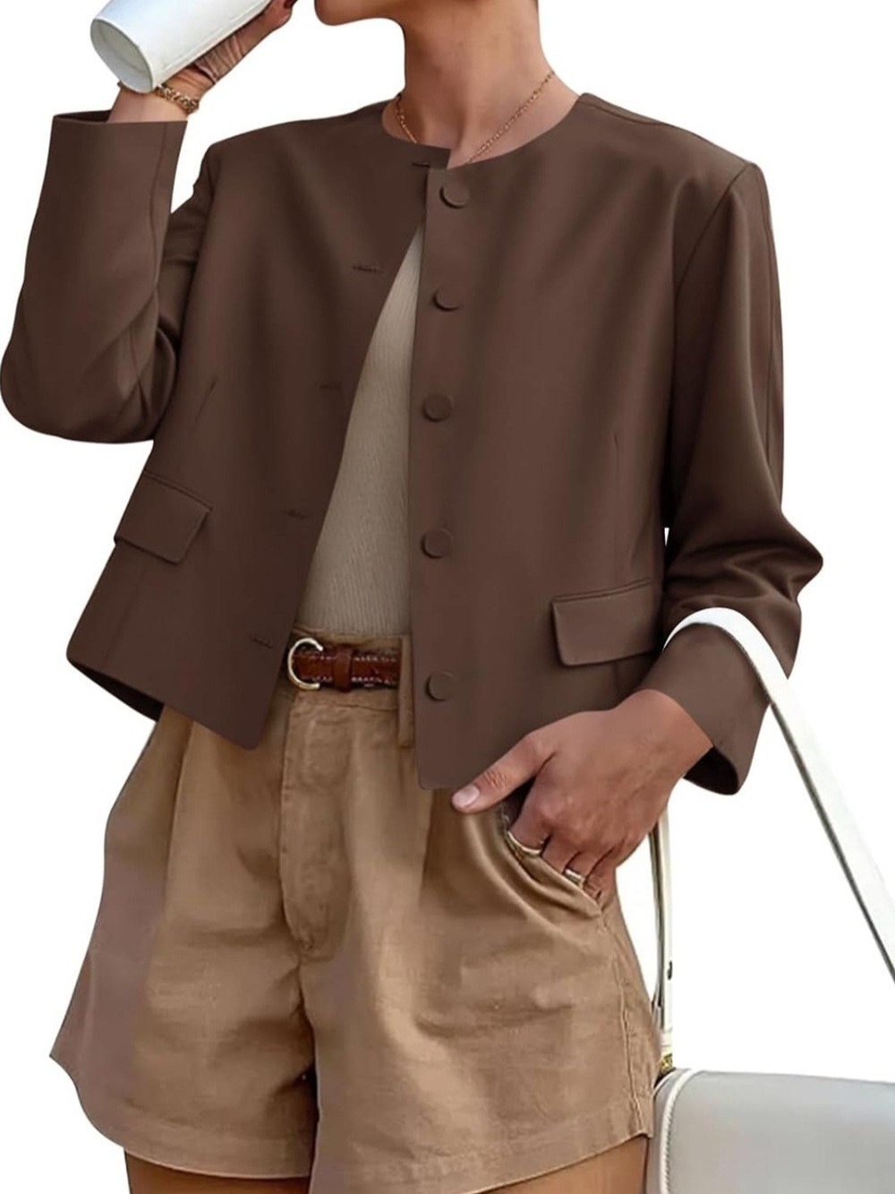 NWT Women's Coffee-Colored Collarless Button-Front Blazer